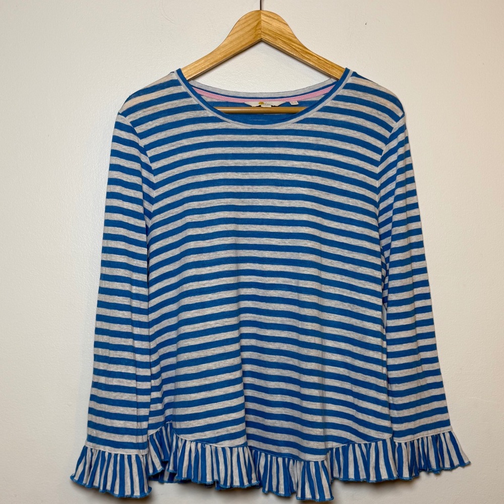 Boden Women Blue White Striped 100% Linen Ruffle Hem Long Sleeve Top US Size 12